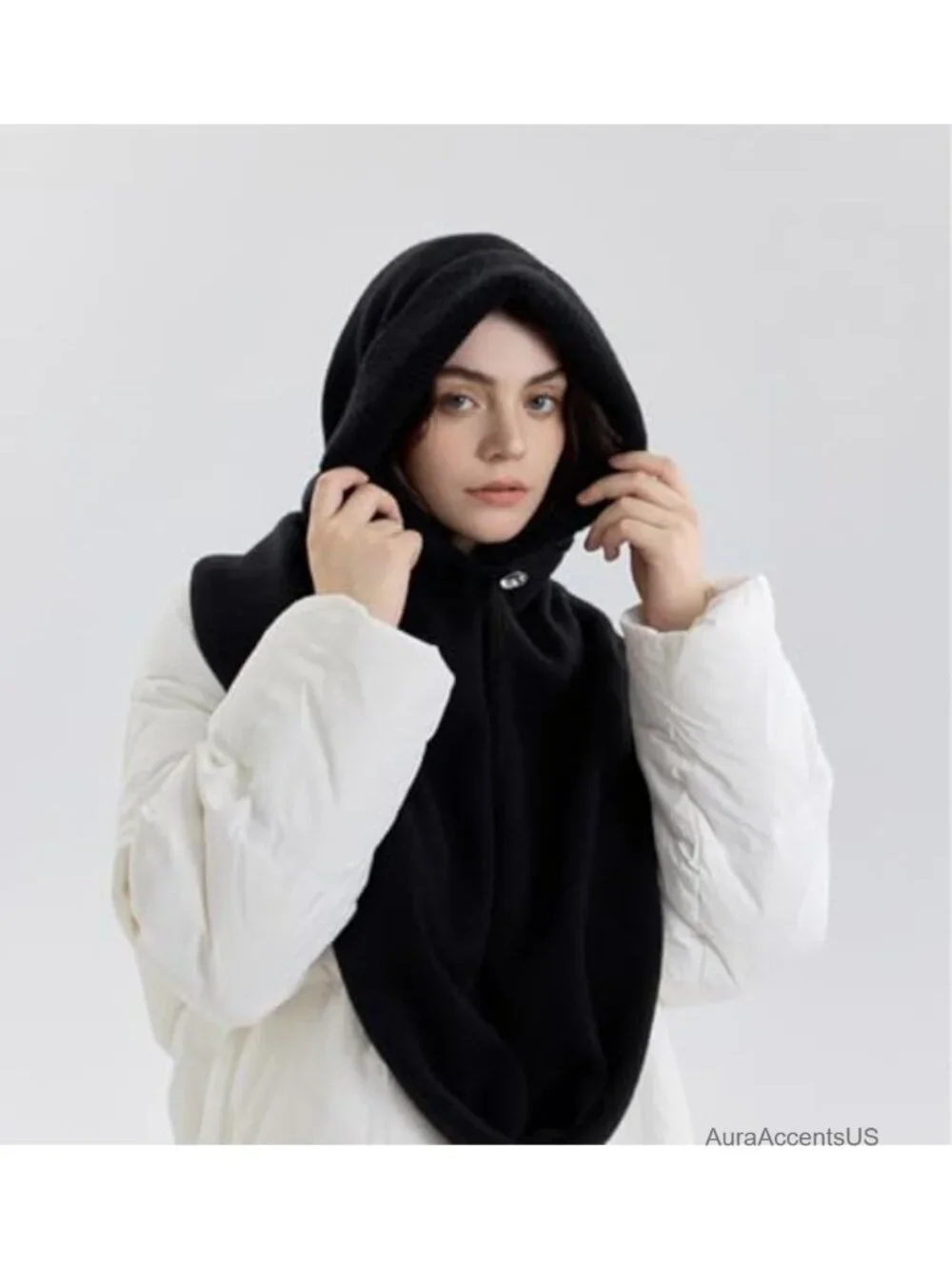 2-in-1 Hooded Scarf Hat Women Winter Knit Balaclava Beanie Cotton Polyester